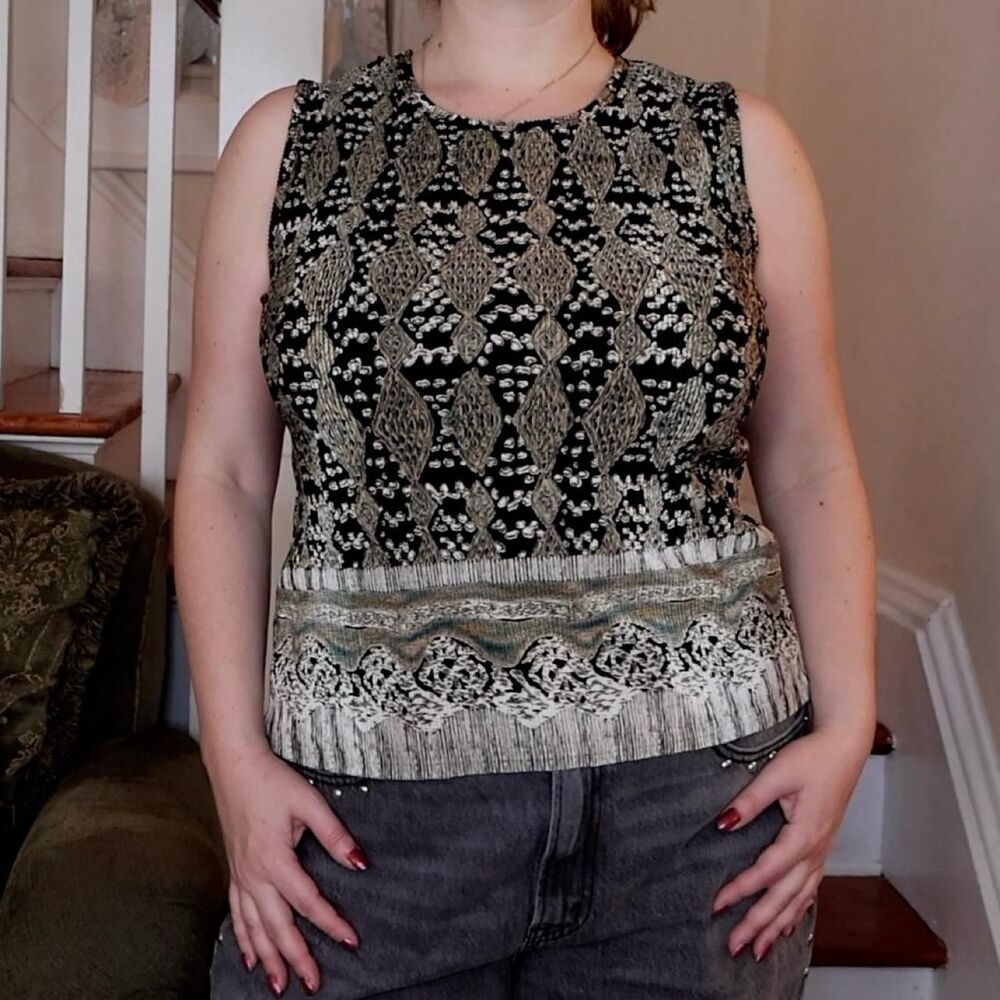 Plisse Black Beige Geometric Tank Top Sz Large Pleated Stretch Whimsigoth Boho